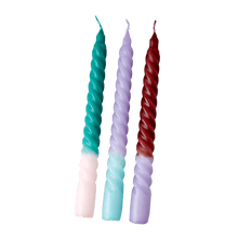 Load image into Gallery viewer, Autumnal twisted dinner candles in lilac, chocolate, pale pink and teal