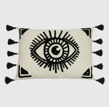 Load image into Gallery viewer, Black and white eye cushion with tassels
