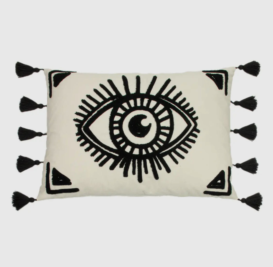 Black and white eye cushion with tassels