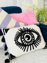 Load image into Gallery viewer, Black and white eye cushion with tassels
