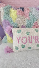 Load and play video in Gallery viewer, ‘You’re Lovely’ wool hook cushion by Yvonne Ellen
