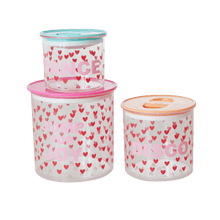 Load image into Gallery viewer, Cute plastic storage containers with heart print. 
