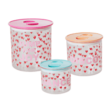 Load image into Gallery viewer, Cute plastic storage containers with heart print. 
