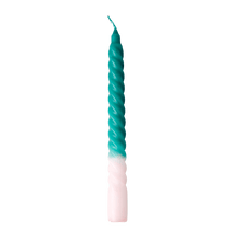 Load image into Gallery viewer, Twisted dinner candle in teal and pale pink
