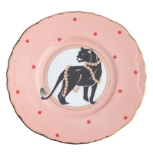 Load image into Gallery viewer, Panther Christmas plate in pink with gold gilt by Yvonne Ellen
