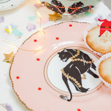 Load image into Gallery viewer, Panther Christmas plate in pink with gold gilt by Yvonne Ellen
