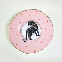 Load image into Gallery viewer, Panther Christmas plate in pink with gold gilt by Yvonne Ellen
