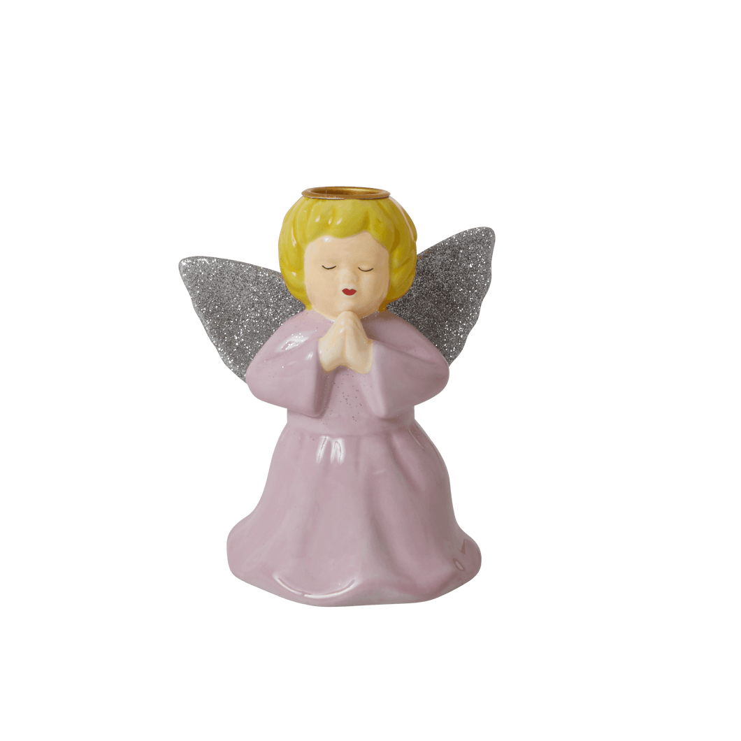 Ceramic baby pink angel candleholder with glitter wings 